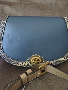 Coach Blue Leather Saddle Bag with Snake-Print Trim